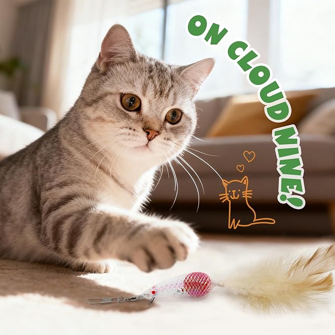 SONGWAY Cat Toy Wand Attachments - 8 Pieces Carrot Shrimp Mouse Fish Worm Dragonfly Cat Feather Toy Refills, Interactive Elastic Mesh Cat Toys for Indoor Cats Kittens