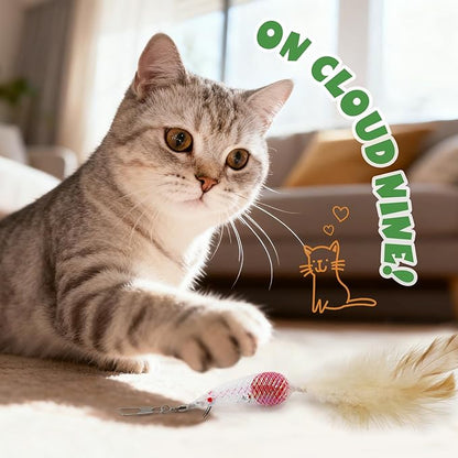 SONGWAY Cat Toy Wand Attachments - 8 Pieces Carrot Shrimp Mouse Fish Worm Dragonfly Cat Feather Toy Refills, Interactive Elastic Mesh Cat Toys for Indoor Cats Kittens