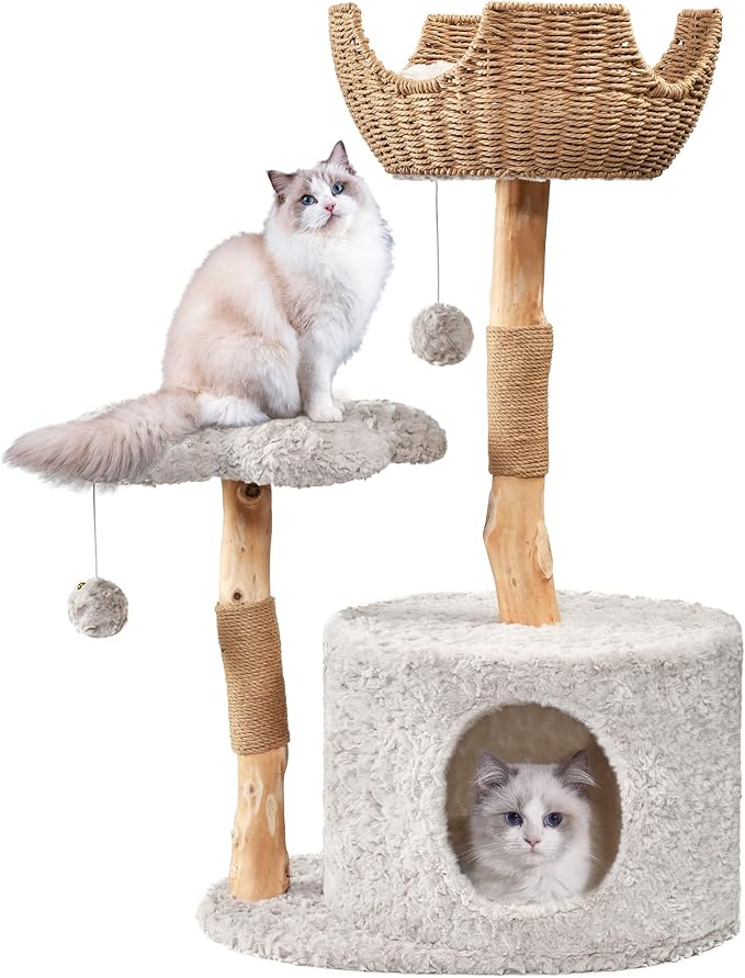 Easyego Modern Cat Tree, 39.3" Aesthetic Wood Cat Tree Tower for Large Cats, Luxury Cat Condo with Scratching Posts and Flower Platforms, Cat Furniture, Bullet Gray
