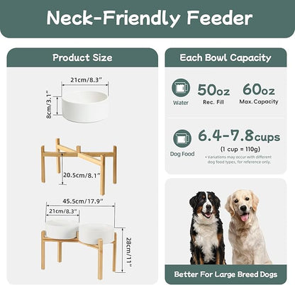 Ceramic Raised Double Bowls Set with Stand, Food & Water Bowls for Large Breed Dogs, Weighted Dog Dishes, Pet Bowl(8.2'',60OZ, White)