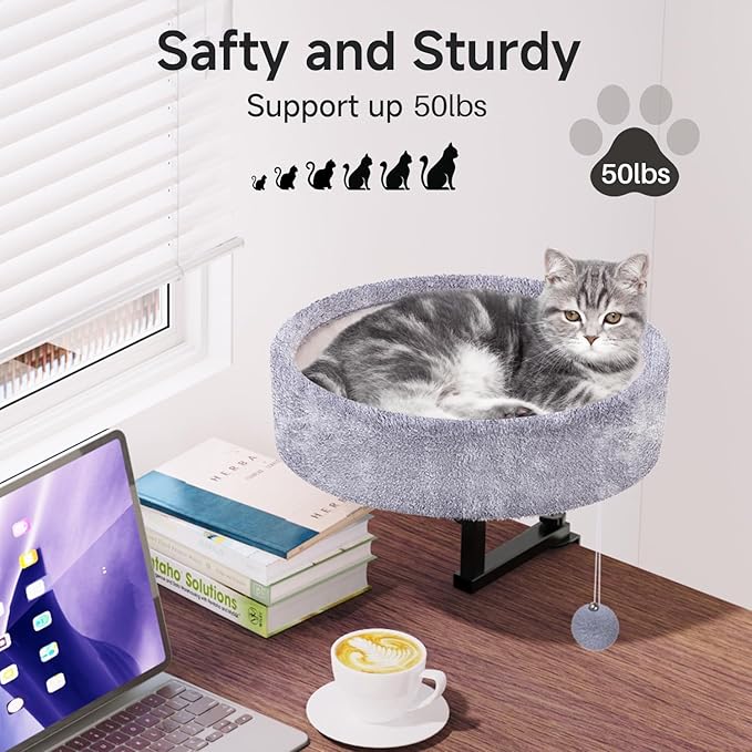 Cat Desk Bed - 360° Rotating & Adjustable, Supports 50 lbs, Soft Faux Fur with Dual-Sided Reversible Mat, Modern Indoor Cat Nest Furniture for Office Desks and Game Tables, Island Table