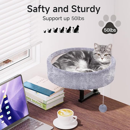 Cat Desk Bed - 360° Rotating & Adjustable, Supports 50 lbs, Soft Faux Fur with Dual-Sided Reversible Mat, Modern Indoor Cat Nest Furniture for Office Desks and Game Tables, Island Table