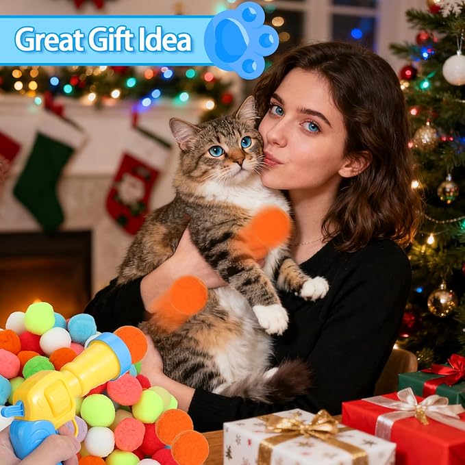 Mity rain 102PCS Cat Ball Launchers & Pom Pom Balls Interactive Cat Toy Set – Safe Soft Plush Kitten Toys for Indoor Cats, Fun Kitten Toys for Endless Active Play (Christmas)