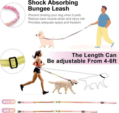 Heavy Duty Hands Free Dog Leash with Quick Release Carabiner and Adjustable No Pull Bungee Dog Running Waist Leash，for Walking and Training with Car Seat Belt 4-6FT (Pinkish Yellow)