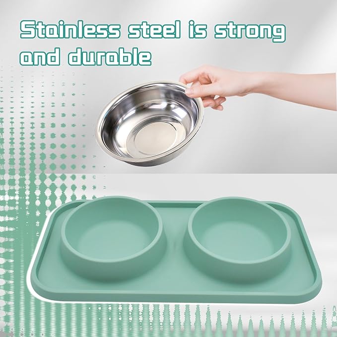 Double Dog Food Bowls Stainless Steel with No Spill Non Skid Silicone Mat Removable Dog Water and Food Bowls Set Durable Feeding for Small Dogs Puppy Cat Kitten(Blue)