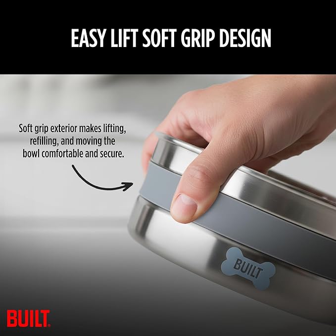 BUILT 38 Oz Dog Bowl - Non-Skid Pad & Soft Grip Ring - Double Wall Stainless Steel, BPA-Free, Non-Porous & Rust-Resistant - Pet Food & Water Bowl for Dogs & Cats - Heavy Duty (Grey)