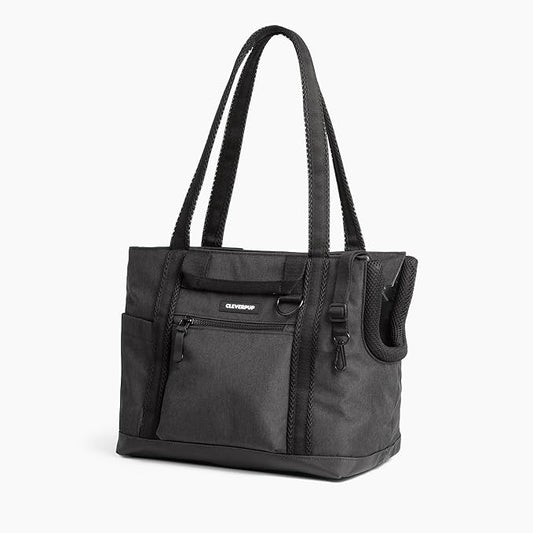 Cleverpup Transit Tote Dog Carrier for Small Dogs Under 8 lbs, 16x11x8 Soft-Sided 4-Pc Set with Waterproof Base, Plush Insert, Food Pouch, Mesh Head Opening - Small, Graphite Graphite