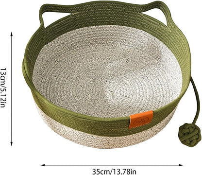 Handwoven Cat Basket with Toy Rope Ball, Foldable Scratchable Cat Hammock Bed, Breathable Cat Basket for Indoor Play Rest Sleeping (Brown)