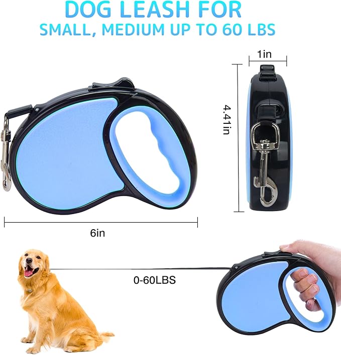 Retractable Dog Leash,16 Ft Dog Retractable Leash,with Anti Slip Handle,Strong Nylon Tape No Tangle,One Handed Brake,Pause,Lock,Suitable for Small and Medium Sized Dogs（Blue）