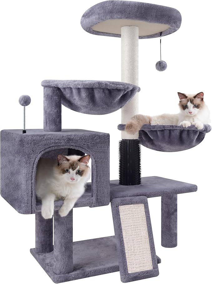 ROYPET Cat Tree with Cat Condo and Two Hammocks, Cat Tower with Scratching Posts and Scratching Pads, Grey
