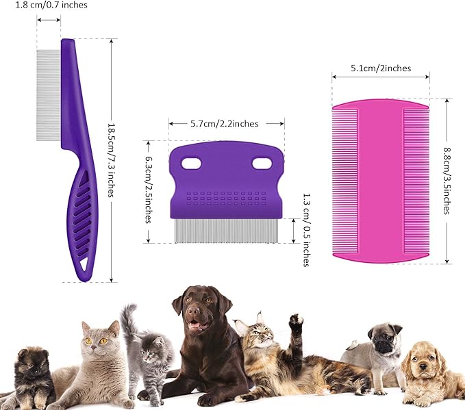 Boao 6 Pack Flea Lice Comb Stainless Steel Dog Cat Grooming Combs with Rounded Teeth, Double Sided Pet Tear Stain Remover Dematting Tool for Pets(Pink, Green, Purple, Yellow)