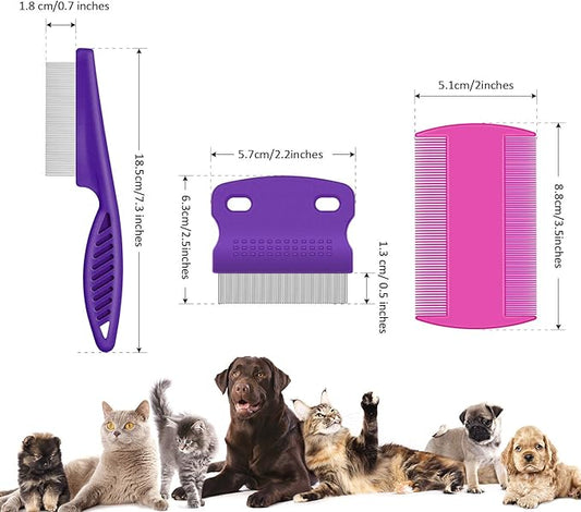 Boao 6 Pack Flea Lice Comb Stainless Steel Dog Cat Grooming Combs with Rounded Teeth, Double Sided Pet Tear Stain Remover Dematting Tool for Pets(Pink, Green, Purple, Yellow)