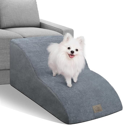 Mestuel Extended Dog Stairs Steps for Couch Sofa Bed, 2 Steps Dog Stairs Ramp for Small Old Joint Injury Dogs Cats Easy Access, Pet Stairs with High Density Foam& Nonslip Bottom, Gray