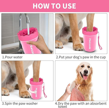 Professional 7 in 1 Dog Paw Cleaner for Dogs & Cats - Includes 1 Portable Paw Washer, 1 Bath Brush, 2 Dog Toothbrushes and 3 Absorbent Towels Note: Fits Paws 1.5 to 2.5 Inches Wide (Medium, Pink)
