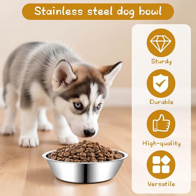 6 Pack Stainless Steel Metal Dog and Cat Bowls, 15 oz Metal Pet Food and Water Bowl 7" Diameter Durable Basic Pet Bowls Lightweight Pets Replacement Bowl for Small Medium Large Dogs, Dishwasher Safe