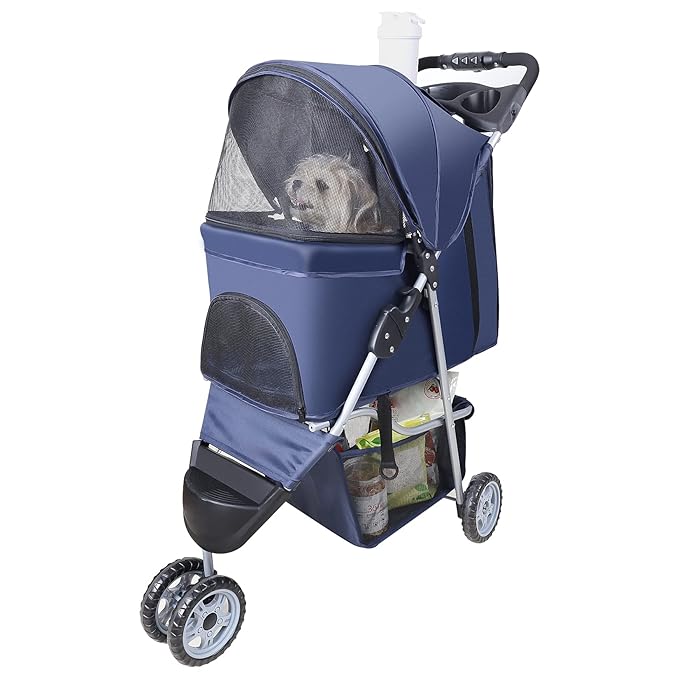 Pet Strollers for Small Medium Dogs & Cats, 3-Wheel Dog Stroller Folding Flexible Easy to Carry for Jogger Jogging Walking Travel with Sun Shade Cup Holder Mesh Window (Dark Blue)