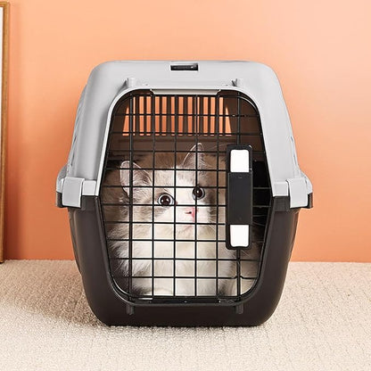 Plastic Pet Carrier, 18.9x12.6x12.6 inch Hard Sided Travels Cat Crate with Wire Door and Water Bowl Ventilation and Security Lock Design Portable Small Dog Kennel for Camping (Black)