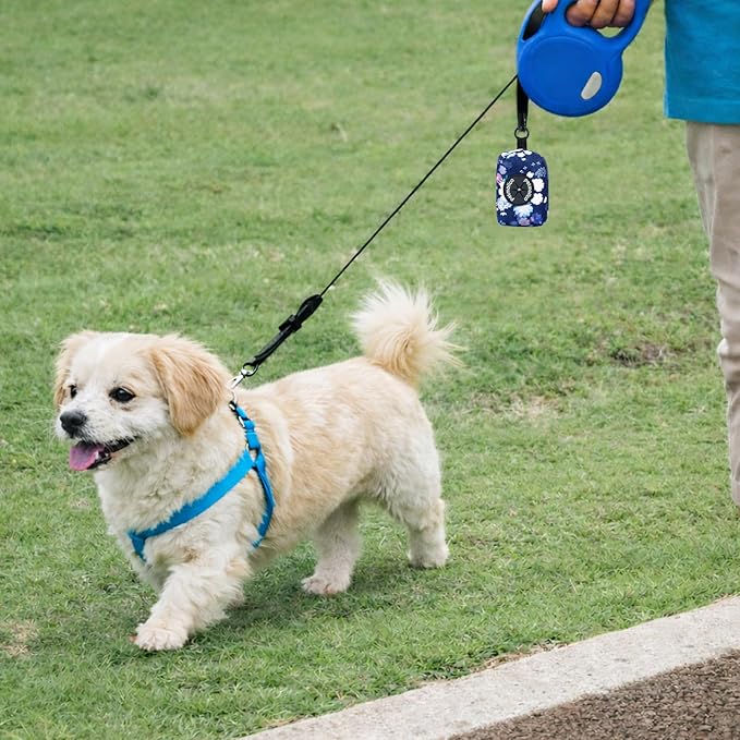 Petmolico Dog Poop Bag Holder Leash Attachment, Dog Waste Bag Dispenser Zippered Pouch, Fits Any Dog Leash, Includes Free Roll of Dog Bags, Poop Bag Dispenser - 2 Packs, Mixed Blue & White