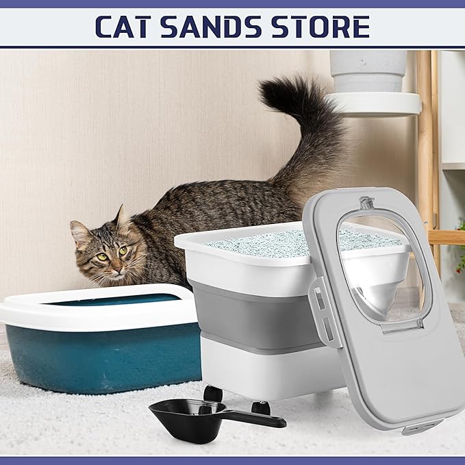 Juexica Collapsible Cat Litter Storage Bin Container with Rolling Casters, 20 Lbs Portable Cat Litter Storage Container with Airtight Lids, Shovel, Kitchen Cereal Rice Leakproof Sealable(Grey, White)