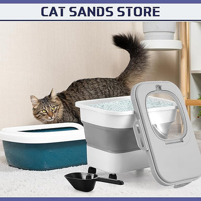 Juexica Collapsible Cat Litter Storage Bin Container with Rolling Casters, 20 Lbs Portable Cat Litter Storage Container with Airtight Lids, Shovel, Kitchen Cereal Rice Leakproof Sealable(Grey, White)