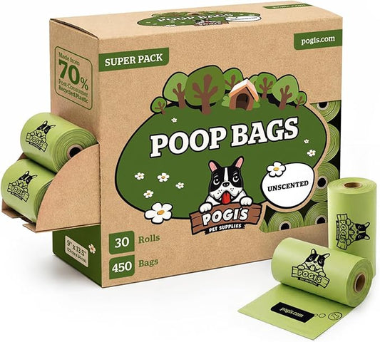 Pogi’s Dog Poop Bags – Leak-Proof & Extra Thick Pet Waste Bags (Unscented, 30 Rolls, 450-Count)