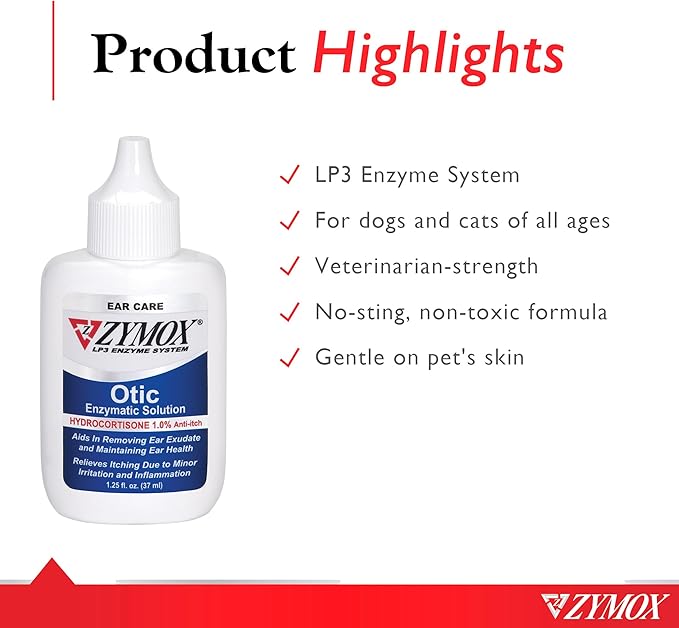 Zymox Otic Enzymatic Solution for Dogs and Cats to Soothe Ear Infections with 1% Hydrocortisone for Itch Relief, 1.25oz