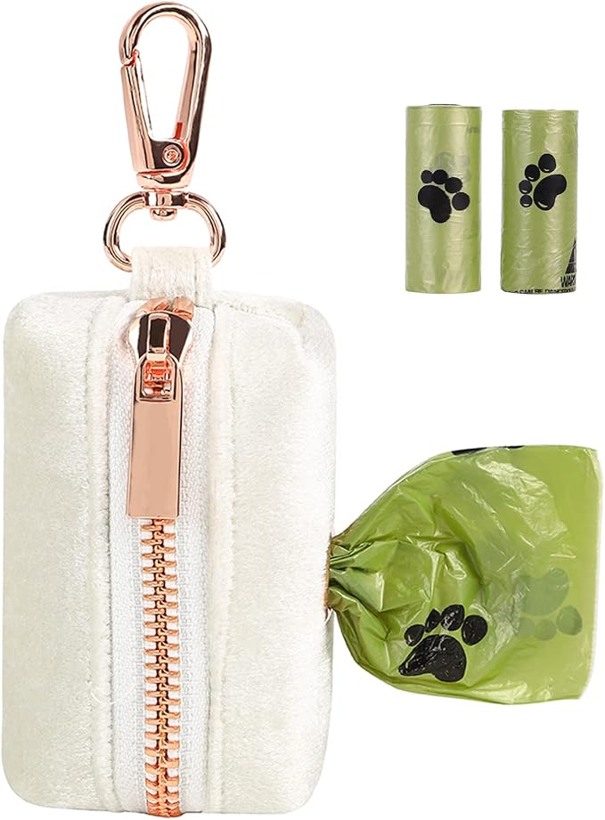 ARING PET Velvet Dog Waste Bag Holder, White Doggy Poop Bags Dispenser Attach to Any Leashes, Portable Washable Pet Waste Pouch Dispenser with Metal Zipper