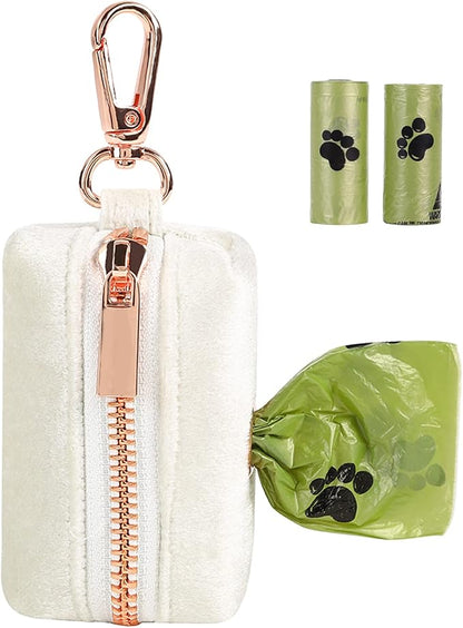ARING PET Velvet Dog Waste Bag Holder, White Doggy Poop Bags Dispenser Attach to Any Leashes, Portable Washable Pet Waste Pouch Dispenser with Metal Zipper