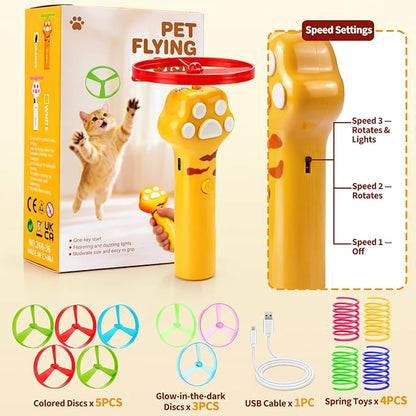 BABORUI Cat Toy Disc Launcher, Rechargeable Interactive Cat Fetch Toy Launcher with 8 Flying Discs, Flying Enrichment Toys for Indoor Bored Kittens & Adult Cats (Yellow)