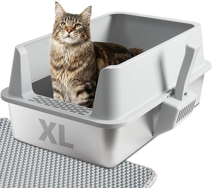 Stainless Steel Cat Litter Box with Lid, Large Metal Litter Box Stainless Steel with Mat & Scoop, Odor-Free/Anti-Leakage & Non-Stick/Easy Clean, High-Sided Litter Box for Multiple Big Cats(XL/Grey)