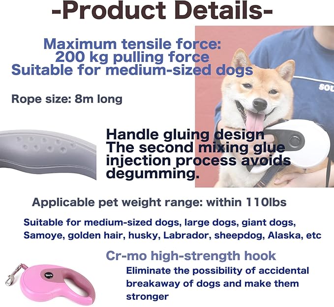 26 ft Retractable Dog Leash with Dispenser and 3 Pieces Poop Bags, Retractable Dog Leash for Small Medium Large Dogs up to 110lbs, Heavy Duty Design with Anti-Slip Handle (Black)