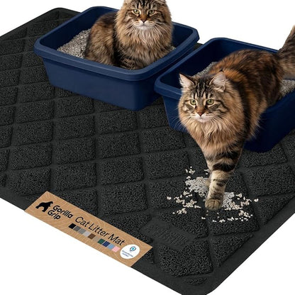 GORILLA GRIP Cat Litter Box Mat, 47x35, Cushioned Coil Mesh Litter Trapping Mats, Scatter Control Supplies for Less Mess, Phthalate Free, Ultra Deep Catch Grooves, Rinse or Vacuum to Clean, Black