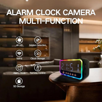 ULar 4K Camera Wireless Clock USB-Powered Picture Taking Cam–Motion Detection Pet Monitors for Home Indoor Security Cameras Support App Remote Colorful Alarm Clock - No Audio