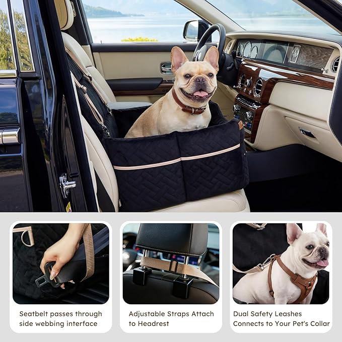 ZOMISIA Elevated Dog Car Seat for Medium Dogs, 3 Adjustable Heights with 2 Egg Crate Foam Boosters 4"+2", Dual-Sided Cooling&Plush Waterproof Cover, 2 Safety Leashes & Buckles, Black