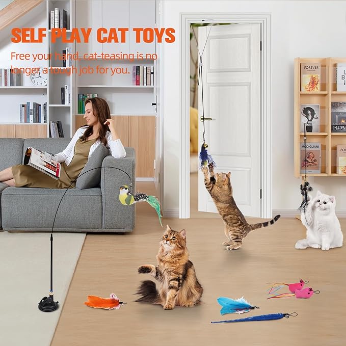 PAWCHIE Cat Wand Toy,19 Pcs Interactive Cat Feather Toy,Reusable Suction Cup Cat Bird Simulation Toy Set,Self Play Cat Kitten Toys for Indoor Play Exercise，Hanging String and Mouse Toy