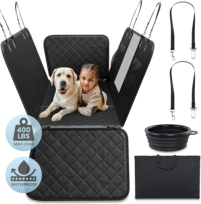 Dog Car Seat Cover for Back Seat Half or Full - 3-Way Backseat Dog Hammock for Car Hard Bottom & Anti-Slip with Safety Seatbelts, Bowl - 63.8x52.7 Pet Backseat Cover for SUV, Sedans, Trucks