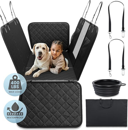 Dog Car Seat Cover for Back Seat Half or Full - 3-Way Backseat Dog Hammock for Car Hard Bottom & Anti-Slip with Safety Seatbelts, Bowl - 63.8x52.7 Pet Backseat Cover for SUV, Sedans, Trucks