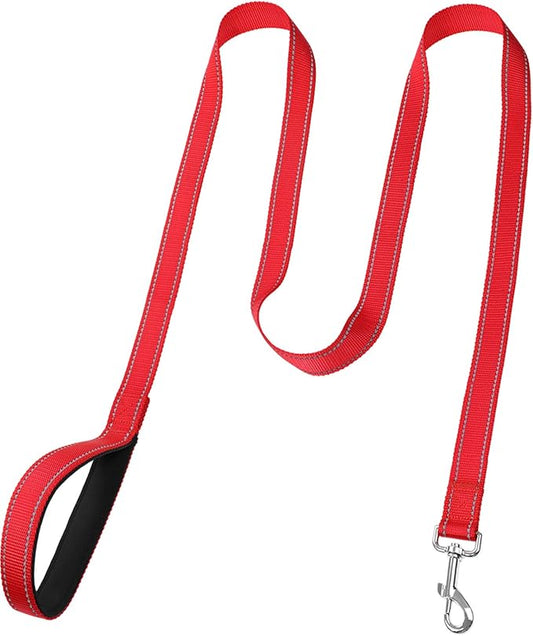 FunTags 6FT Reflective Dog Leash with Soft Padded Handle for Training,Walking Lead for Large & Medium Dog,1 Inch Wide,Red