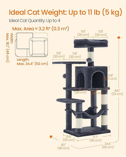 Feandrea Cat Tree, 44.1-Inch Cat Tower, Plush Multi-Level Condo with 4 Scratching Posts, 2 Perches, Hammock, Cave, Smoky Gray UPCT261G01