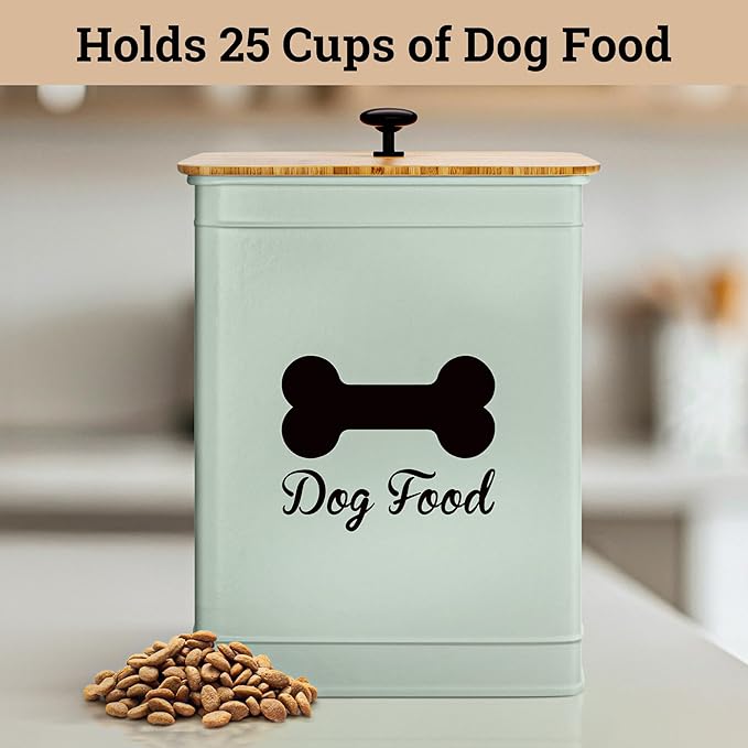 Dog Food Container Airtight 5-7 lb (25 Cup) Capacity - Cute Airtight Dog Food Storage Container with Bamboo Lid & Sturdy Metal Handle - Green Metal Kibble Storage Bin for Dogs up to 50 lbs - Pet Jar