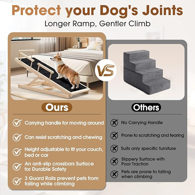 Dog Ramp for Bed - 52.9" Long Adjustable 12" to 28" Wooden Pet Ramp for Small Large Older Dogs - Dog Ramps for High Beds Couch Car - Dog Steps with High Traction Mat & Safety Side Rails Up to 250LB