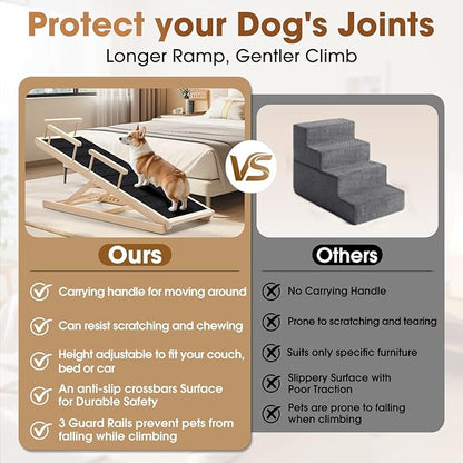 Dog Ramp for Bed - 52.9" Long Adjustable 12" to 28" Wooden Pet Ramp for Small Large Older Dogs - Dog Ramps for High Beds Couch Car - Dog Steps with High Traction Mat & Safety Side Rails Up to 250LB