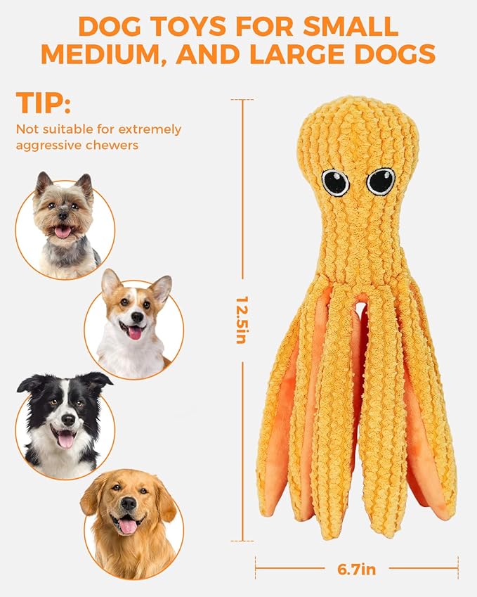 Crinkle Squeaky Dog Toys for Medium Dogs, Durable Plush Chew Toys for Tough Play, Interactive Tug of War Toy, Teething Gift to Keep Them Busy and Relieve Boredom (Yellow Octopus)