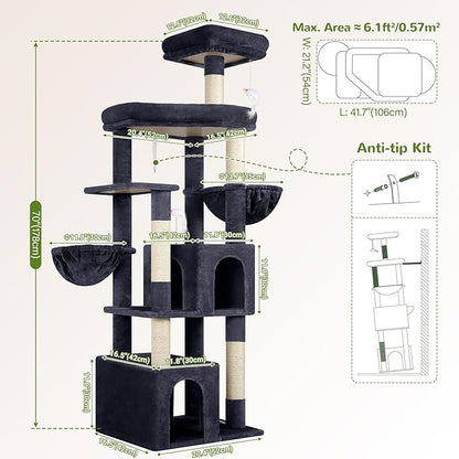 Globlazer Sturdy Cat Tree, 68-inch Large Cat Tower for Indoor Adult Cats 20 lbs Heavy Duty Cat Tree for Big Cats with Extra Large Platform, 5 Scratching Post, S68, Dark Grey