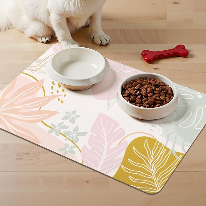 Topotdor Boho Dog Food Mat - Absorbent Quick-Dry Cat Bowl Mat for Food and Water, Non-Slip Pet Feeding Placemat for Messy Drinkers Dog Accessories Pet Supplies, 12"x20", Pink