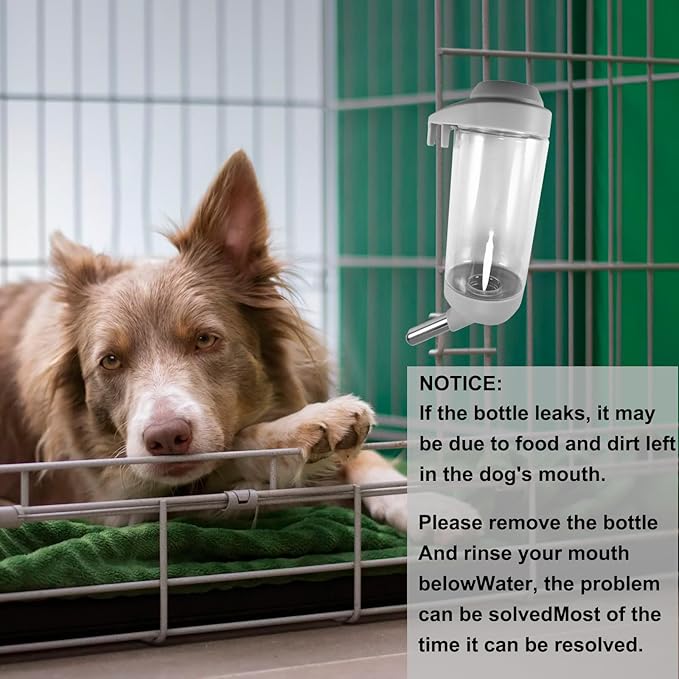 Dog Crate Water Bottle - 17 oz No Drip Kennel Pet Water Dispenser, Easy-to-Use Cage Water Bottle for Dogs, Cats, Small Animals, 500ML, Grey