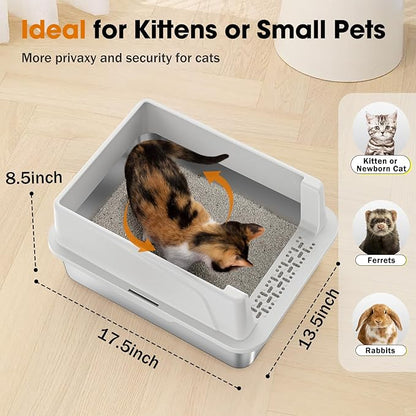 2PACK Stainless Steel Cat Litter Box with Lid, High-Sided Metal Litter Pan for Small Cats, Kitty Litter Box, Non-Stick & Odor-Resistant, Anti-Urine Leakage, Easy to Clean, Scoop Included