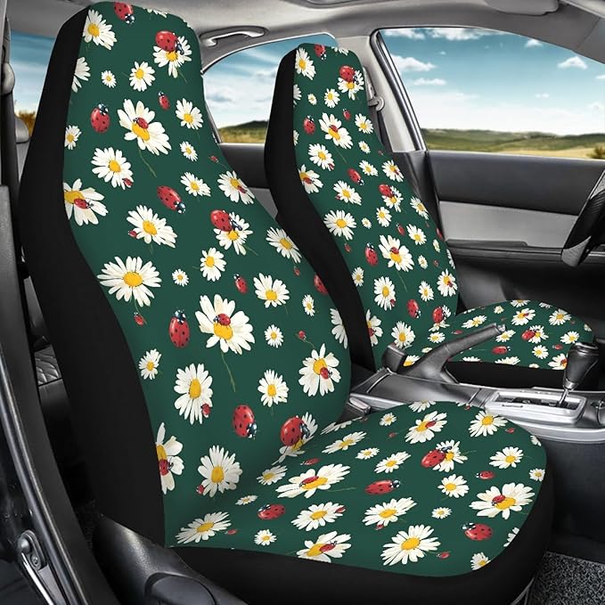 Cute Ladybug Car Seat Covers Front Seats Only for Women Daisy Front Seat Covers Universal Fit for Most Cars, Trucks, SUV, Van, Sedan, 2 Pcs Interior Auto Accessory, Green