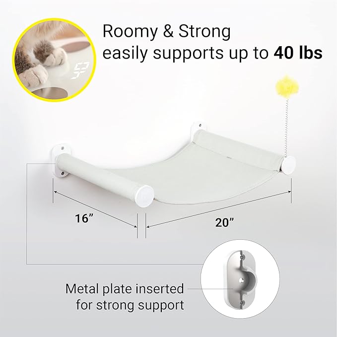 SVD.PET Wall Mounted Cat Hammock with Toy, Easy-to-Install Cat Wall Shelf with Soft Pad on This Premium Kitty Furniture, Modern Design. Easily Supports up to 40 lbs (Easy-Install, White)
