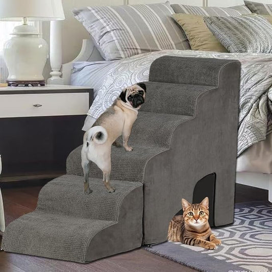 Dog Stairs for High Beds 25-30 inches Tall, 6-Step Dog Steps for High Bed for Doggies/Kitties, 30D Foam Pet Stairs Steps for Small Dogs, Doggie Ramp/Ladder for Old Dogs/Cats, Grey